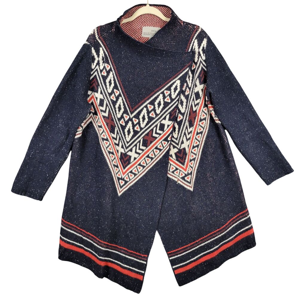 CECIL Blue Southwestern Boho Wool Cotton Blend Wrap Knitted Cardigan SIZE XL